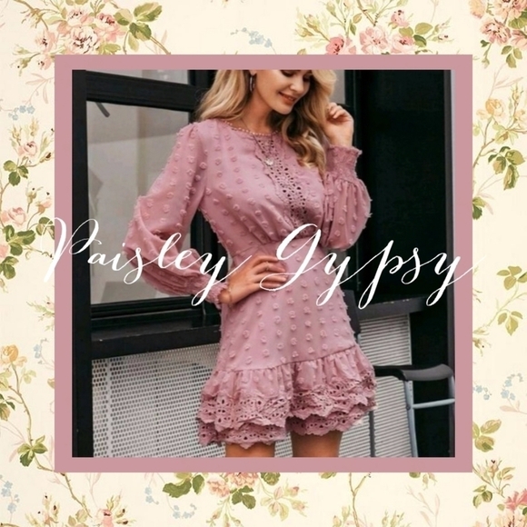 CONTRAST LACE BLUSH POLKA DOT GLAMOROUS DRESS - Picture 4 of 16